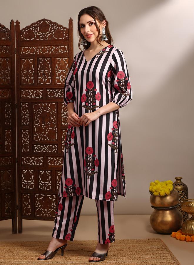globus Women Black Floral Stripes Straight Kurta and Pant Set - Image 1